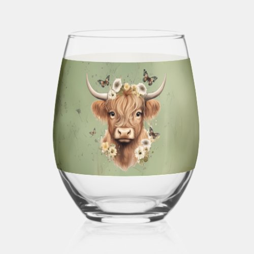 Boho Floral Scottish Cow with Farmhouse Green Stemless Wine Glass