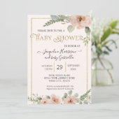 BOHO Floral Script Gold Girl Baby Shower Photo Inv Invitation (Standing Front)