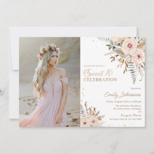 Boho Floral Script Gold Glitter Sweet 16 Photo Invitation