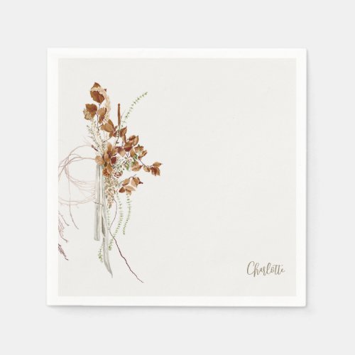 Boho Floral Script Name Bridal Shower Cocktail  Napkins