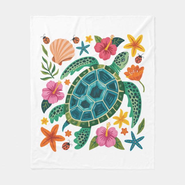 Boho Floral Sea Turtle Fleece Blanket (Front)