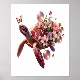 Boho Floral Sea Turtle, Pink Blossom Poster