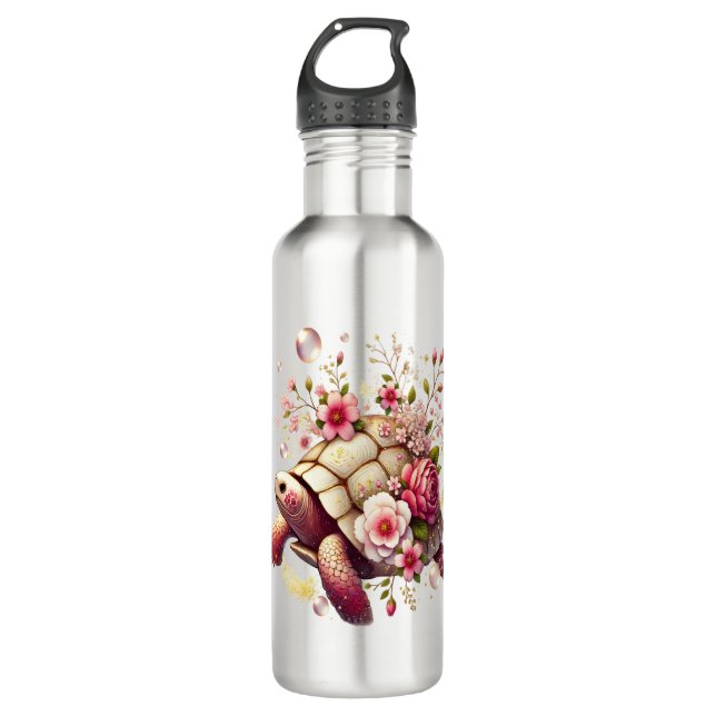 Boho Floral Sea Turtle Pink Blossom Stainless Steel Water Bottle (Front)