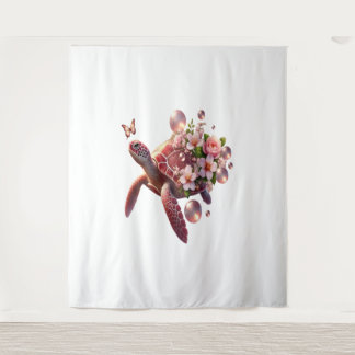 Boho Floral Sea Turtle, Pink Blossom Tapestry