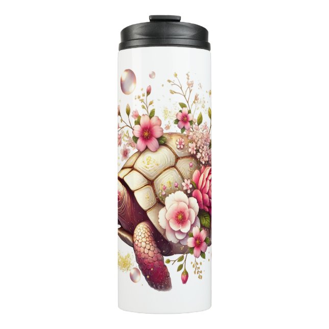 Boho Floral Sea Turtle Pink Blossom Thermal Tumbler (Front)
