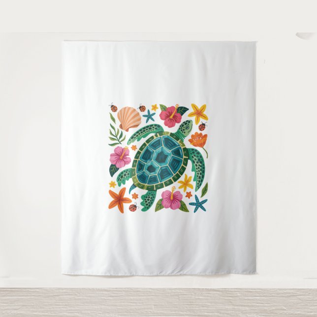 Boho Floral Sea Turtle Tapestry (Front)