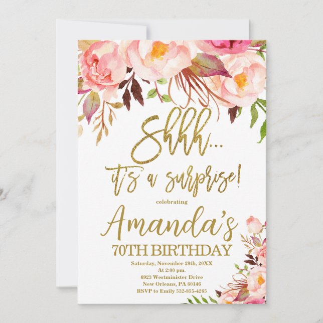 Boho Floral, Shhh it's a Surprise Birthday Invitation (Front)