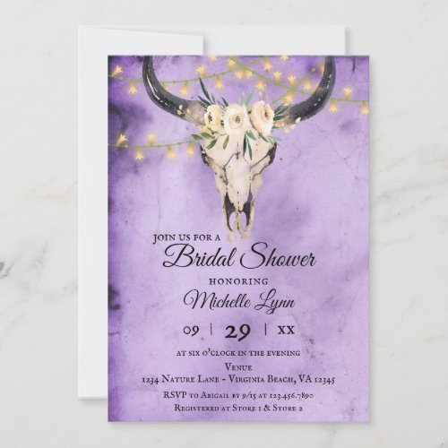 Boho Floral Skull and Lights Purple Bridal Shower Invitation