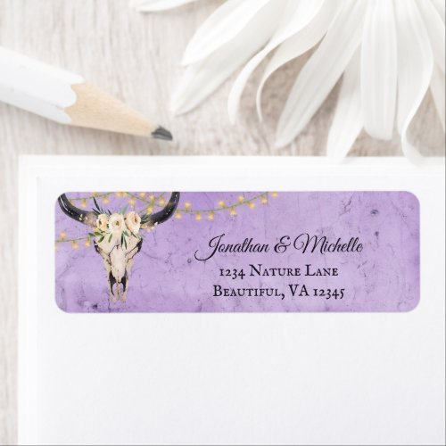 Boho Floral Skull and String Lights Purple Address Label