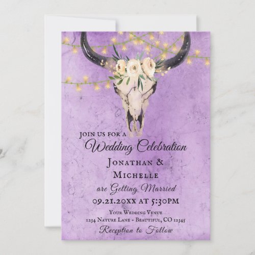 Boho Floral Skull and String Lights Purple Wedding Invitation