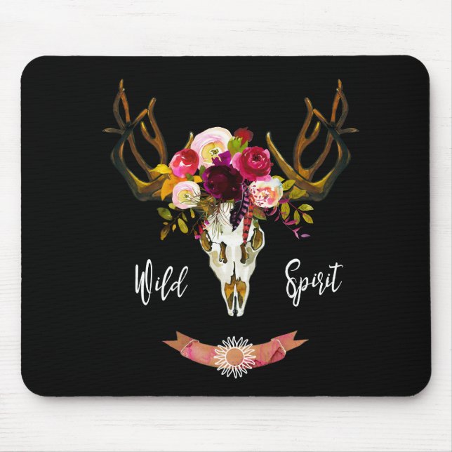 Boho Floral Skull Bohemian Flower Hippie Gift Bull Mouse Pad (Front)