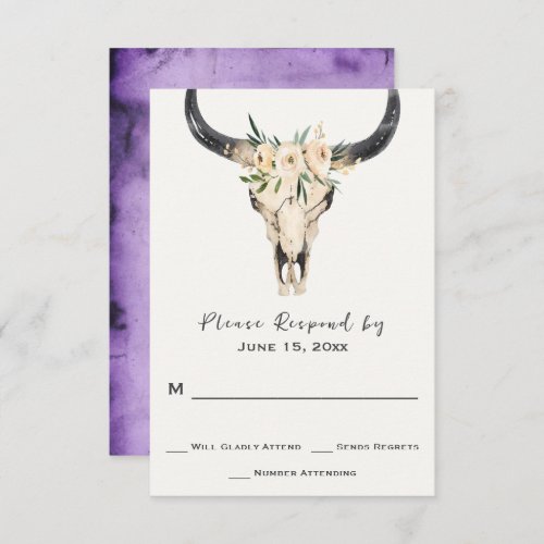 Boho Floral Skull on a Purple Background Wedding RSVP Card