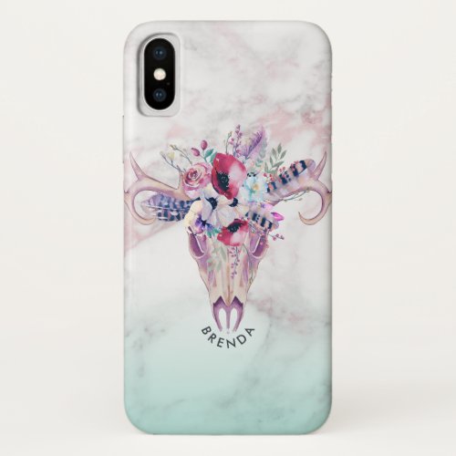 Boho floral skull  rose_gold marble ombre iPhone x case