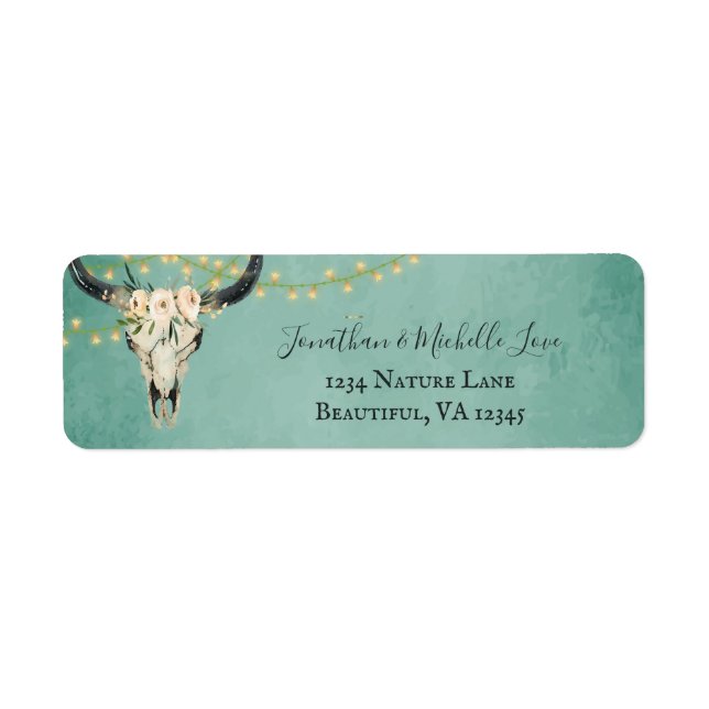 Boho Floral Skull, String Lights Turquoise Address Label (Front)