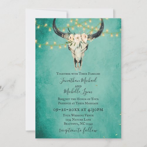 Boho Floral Skull String Lights Turquoise Wedding Invitation