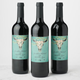 Boho Floral Skull, String Lights Turquoise Wedding Wine Label