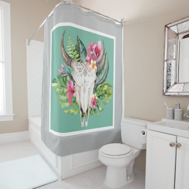 Boho Floral Skull Teal & Chic Grey Modern Glam Shower Curtain (In Situ)