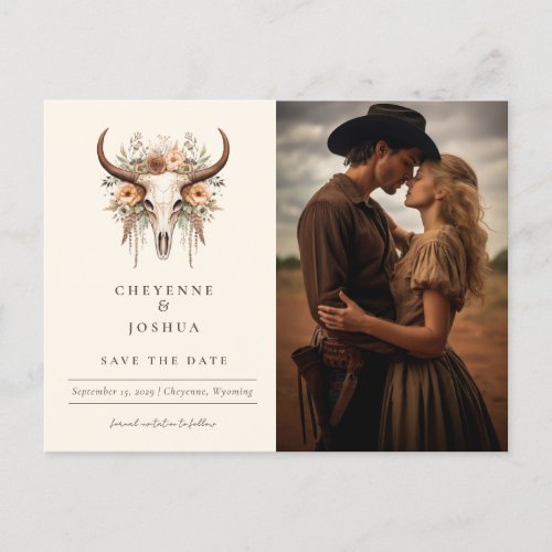 Boho Floral Skull Western Wedding Save the Date  Postcard