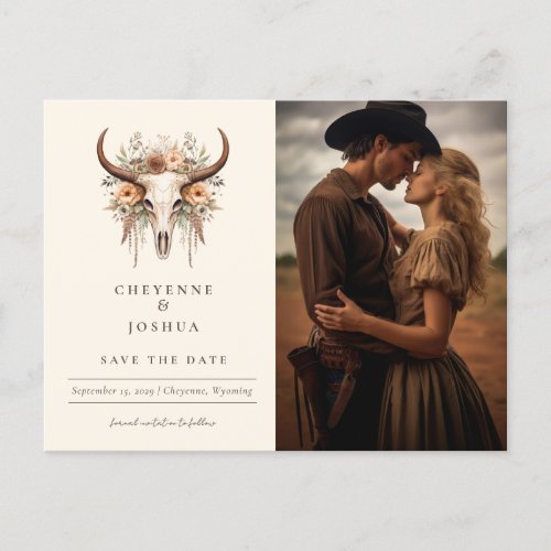 Boho Floral Skull Western Wedding Save the Date  Postcard