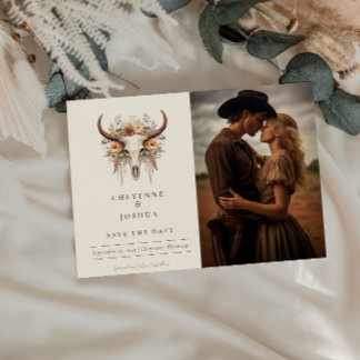 Boho Floral Skull Western Wedding Save the Date Postcard