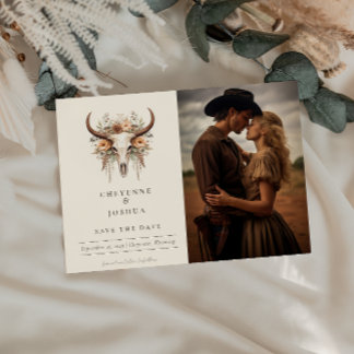 Boho Floral Skull Western Wedding Save the Date Postcard