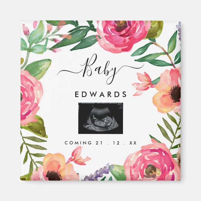 Boho Floral Sonogram Pregnancy Announcement Magnet (Front)