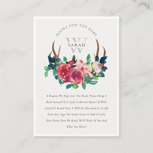Boho Floral Stag Antlers Books for Baby Shower Enclosure Card (Front)