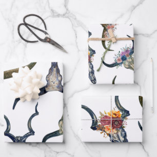 Boho Floral Stag Horn Pattern Wrapping Paper Sheets