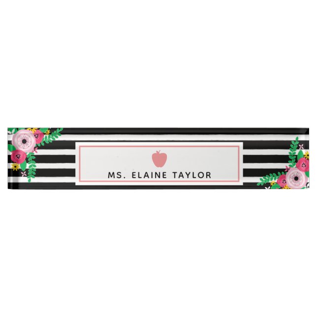 Boho Floral Stripes Pink Apple Teacher Desk Name Plate (Front)