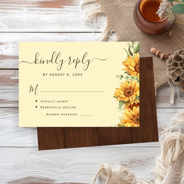 Boho floral sunflower barn wood wedding RSVP card (Creator Uploaded)