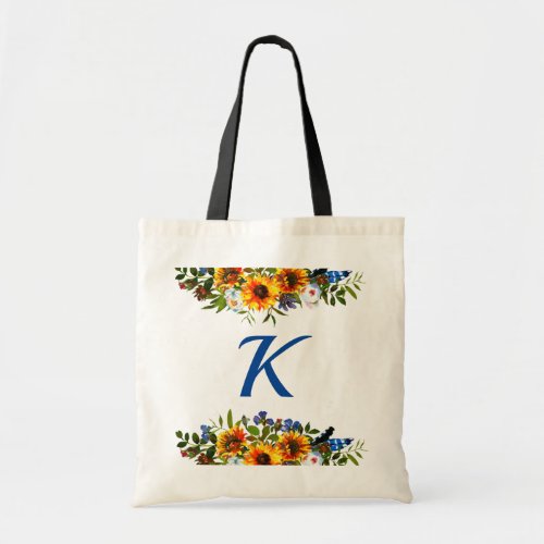 Boho Floral Sunflower Monogram Bridesmaid Tote Bag