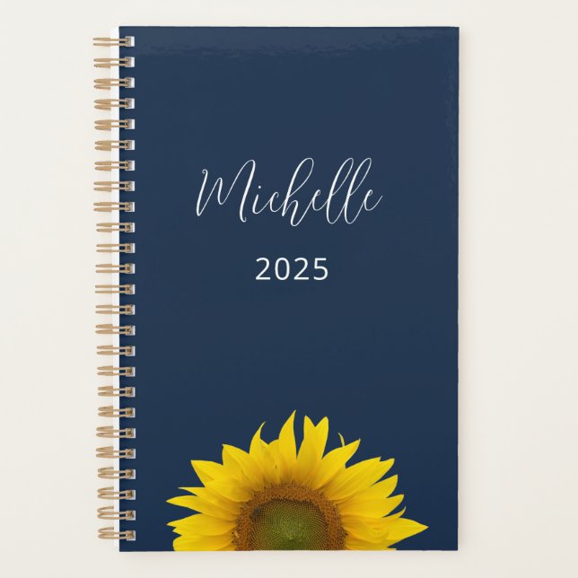 Boho Floral Sunflower Navy Blue Elegant Planner (Front)