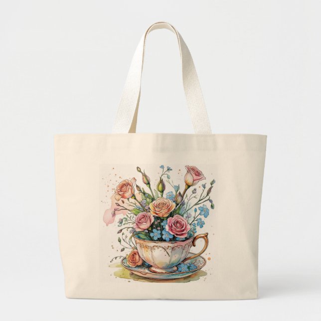 Boho Floral Teacup – Whimsical Flower Art Tote Bag (Front)