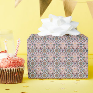Boho Floral Teddy Bear and Ornate Mandala Seamless Wrapping Paper