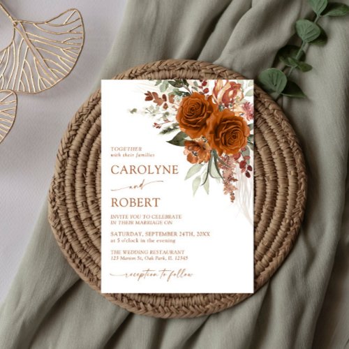 Boho Floral Terracotta Burnt Orange Wedding Invitation