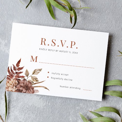 Boho floral terracotta foliage wedding RSVP card