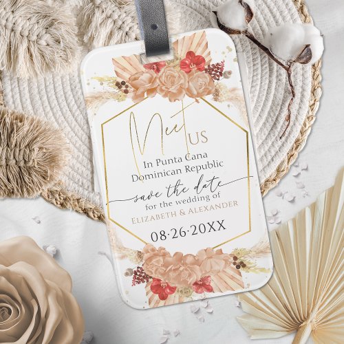 Boho Floral Terracotta Gilded Script Save The Date Luggage Tag