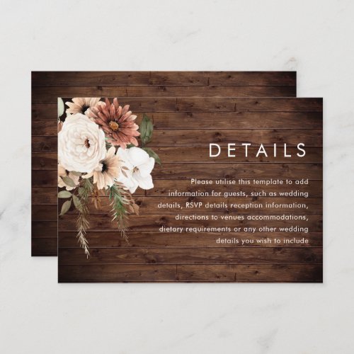 Boho Floral Terracotta Rustic Wood Wedding Details Enclosure Card