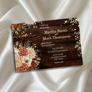 Boho Floral Terracotta Rustic Wood Wedding Foil Invitation
