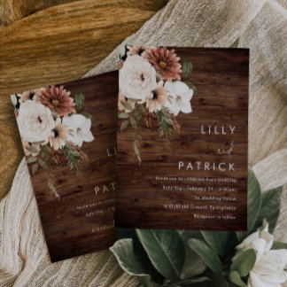 Boho Floral Terracotta Rustic Wood Wedding Invitation