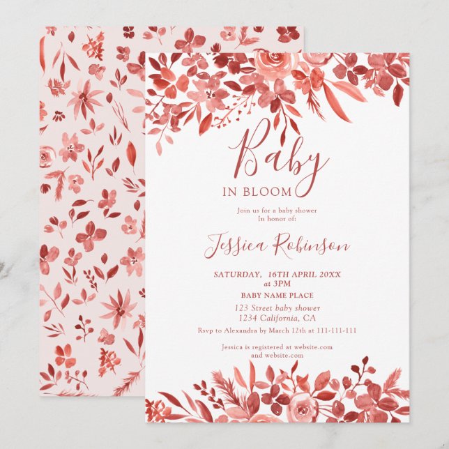 Boho floral terracotta watercolor chic baby shower invitation (Front/Back)