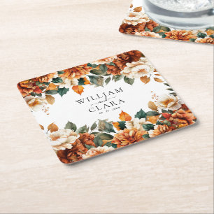 Boho Floral Terracotta Watercolor Wedding Square Paper Coaster