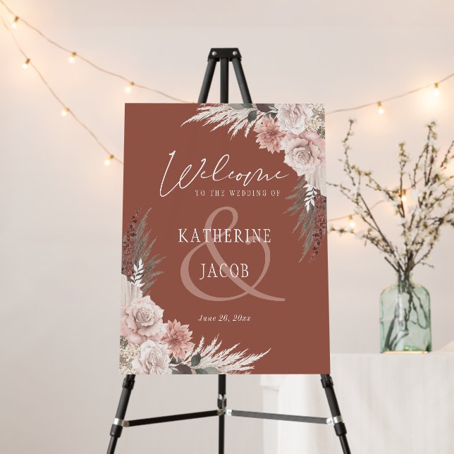 Boho Floral Terracotta Wedding Welcome Sign (In Situ (Stand))