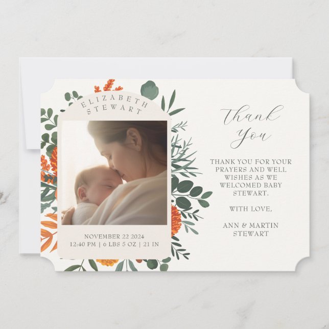 Boho Floral Thank You Baby Birth Announcement (Front)