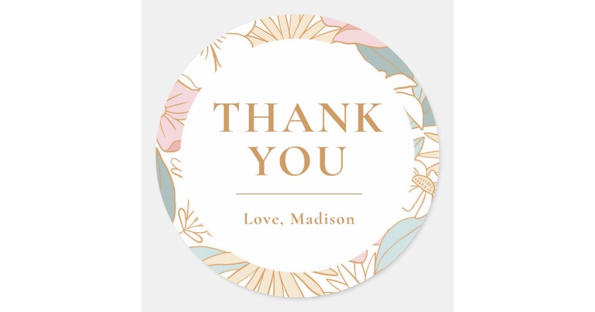 Boho Floral Thank You Bridal Shower Classic Round Sticker | Zazzle