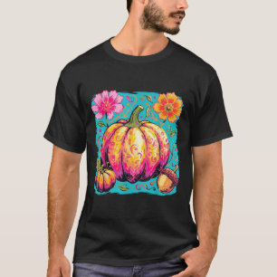 Boho Floral Thanksgiving Pumpkin Season Fall Vibes T-Shirt