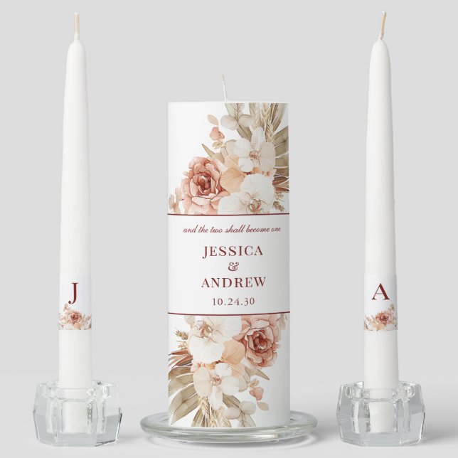Boho Floral The Two Shall Become One Unity Candle Set (Front)