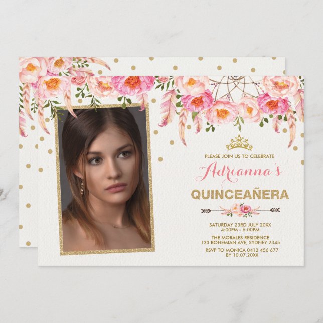 Boho Floral Tiara Dreamcatcher / Girly Quinceañera Invitation (Front/Back)
