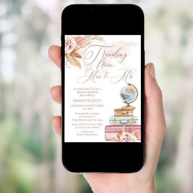 Boho Floral Traveling Miss to Mrs Bridal Shower Invitation (Front Digital)