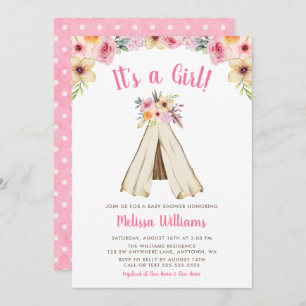 Boho Floral Tribal Teepee Girl Baby Shower Invite